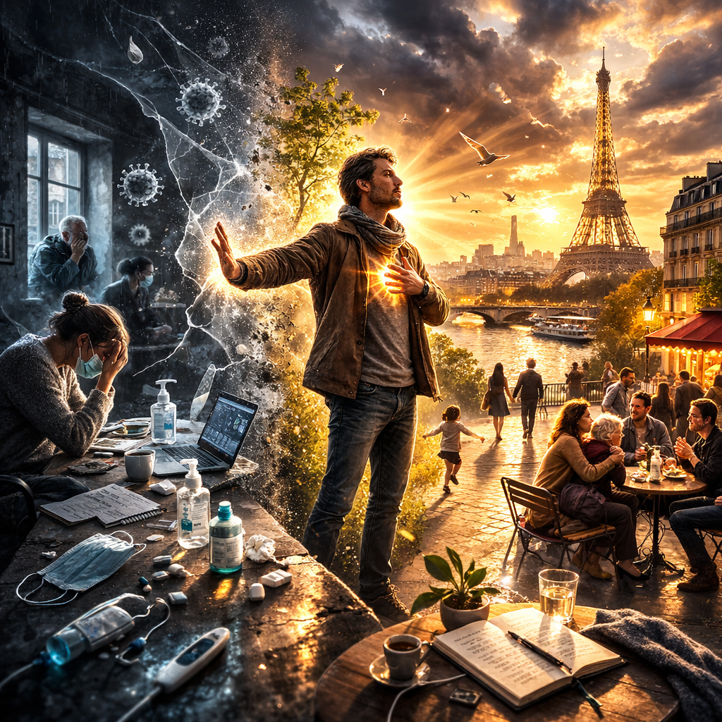 Illustration d'une Nouvelle littéraire à Paris en 2025, un homme affronte sa peur de la maladie lors d’une épidémie et réconcilie ses parts intérieures par l’Amana et la Sulhie